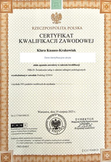 Certyfikat kwalifikacji zawodowej Klary Knauss-Krakowiak