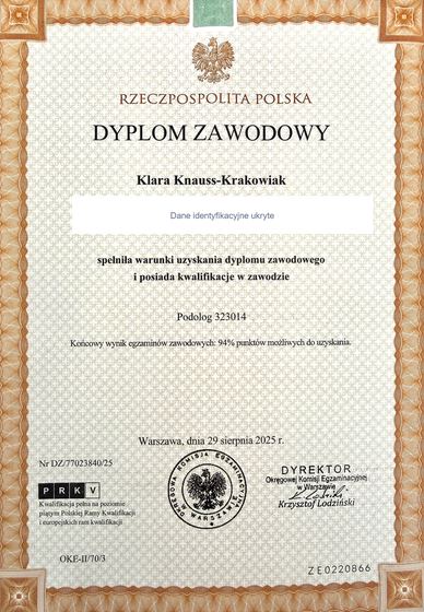 Dyplom zawodowy Podolog Klary Knauss-Krakowiak