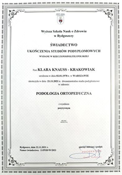 Świadectwo ukończenia studiów podyplomowych z podologii ortopedycznej Klary Knauss-Krakowiak