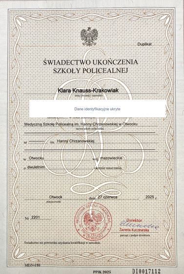 Świadectwo ukończenia szkoły policealnej Klary Knauss-Krakowiak