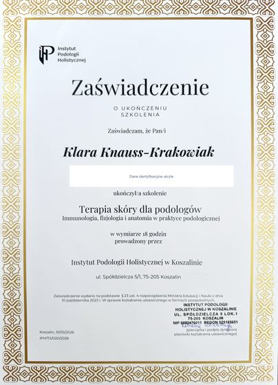 Zaświadczenie ze szkolenia terapia skóry dla podologów Klary Knauss-Krakowiak