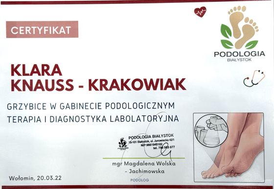 Certyfikat grzybice w gabinecie podologicznym Klary Knauss-Krakowiak