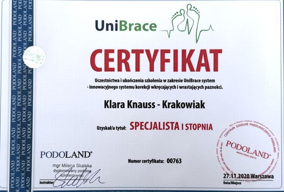 Certyfikat UniBrace specjalista I stopnia Klary Knauss-Krakowiak
