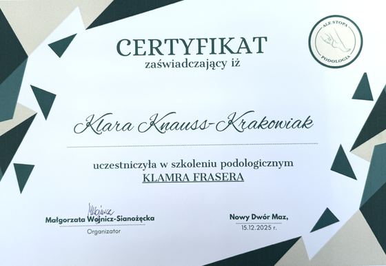 Certyfikat szkolenia podologicznego klamra Frasera Klary Knauss-Krakowiak