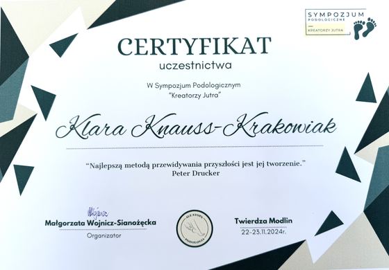 Certyfikat z sympozjum podologicznego Klary Knauss-Krakowiak