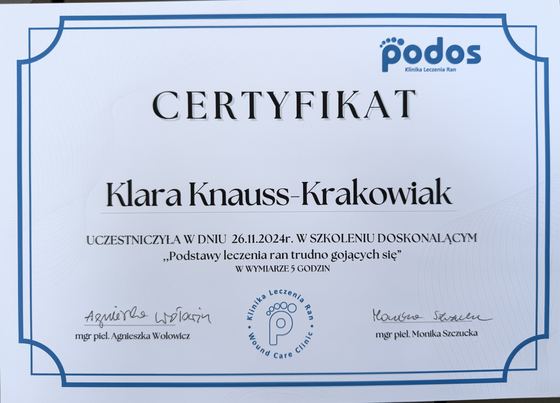 Certyfikat z leczenia ran trudno gojących się Klary Knauss-Krakowiak