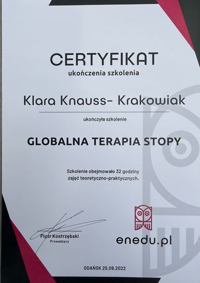 Certyfikat globalna terapia stopy Klary Knauss-Krakowiak